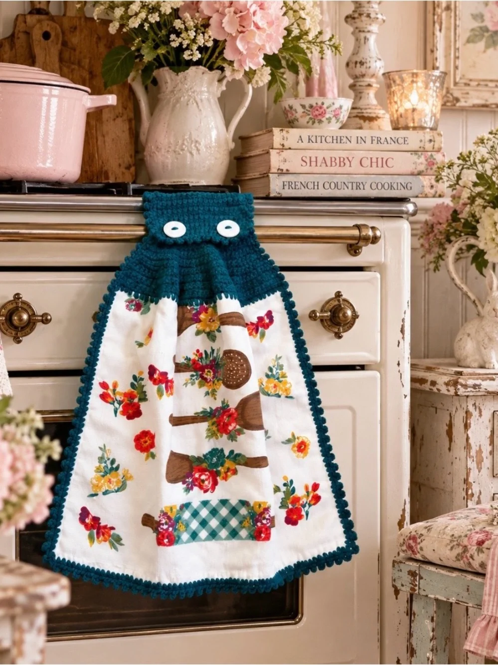 Pioneer Woman Handmade Crochet Hanging Kitchen Towel Teal Floral Utensils